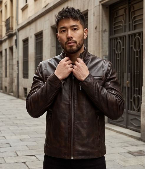 Men's dark brown leather jacket