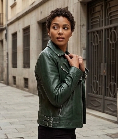 women green leather jacket