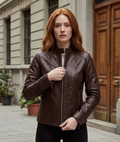 women brown leather jacket